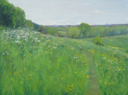 An original oil painting of a field in the Cotswolds, with a path cutting through the long grasses and flowers on a gentle slope. The vibrant greens of the painting stand out against a calm sky. 
