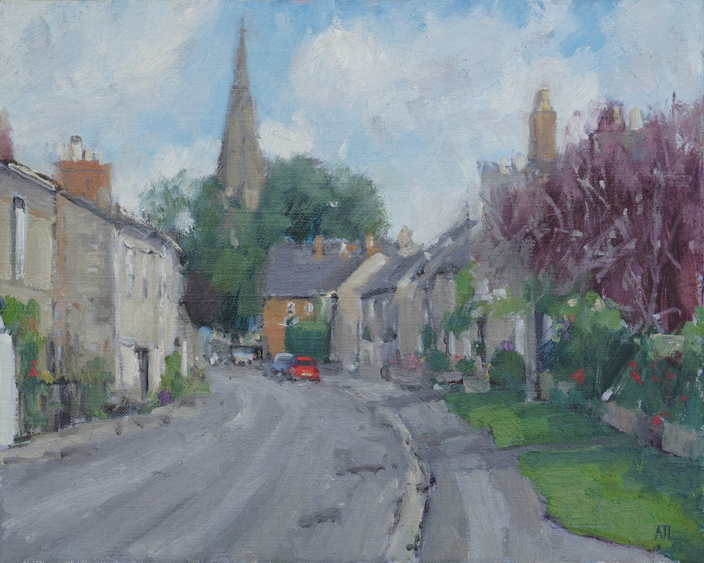 oil painting depicting a small street in Bampton, Oxfordshire, with a church spire in the distance