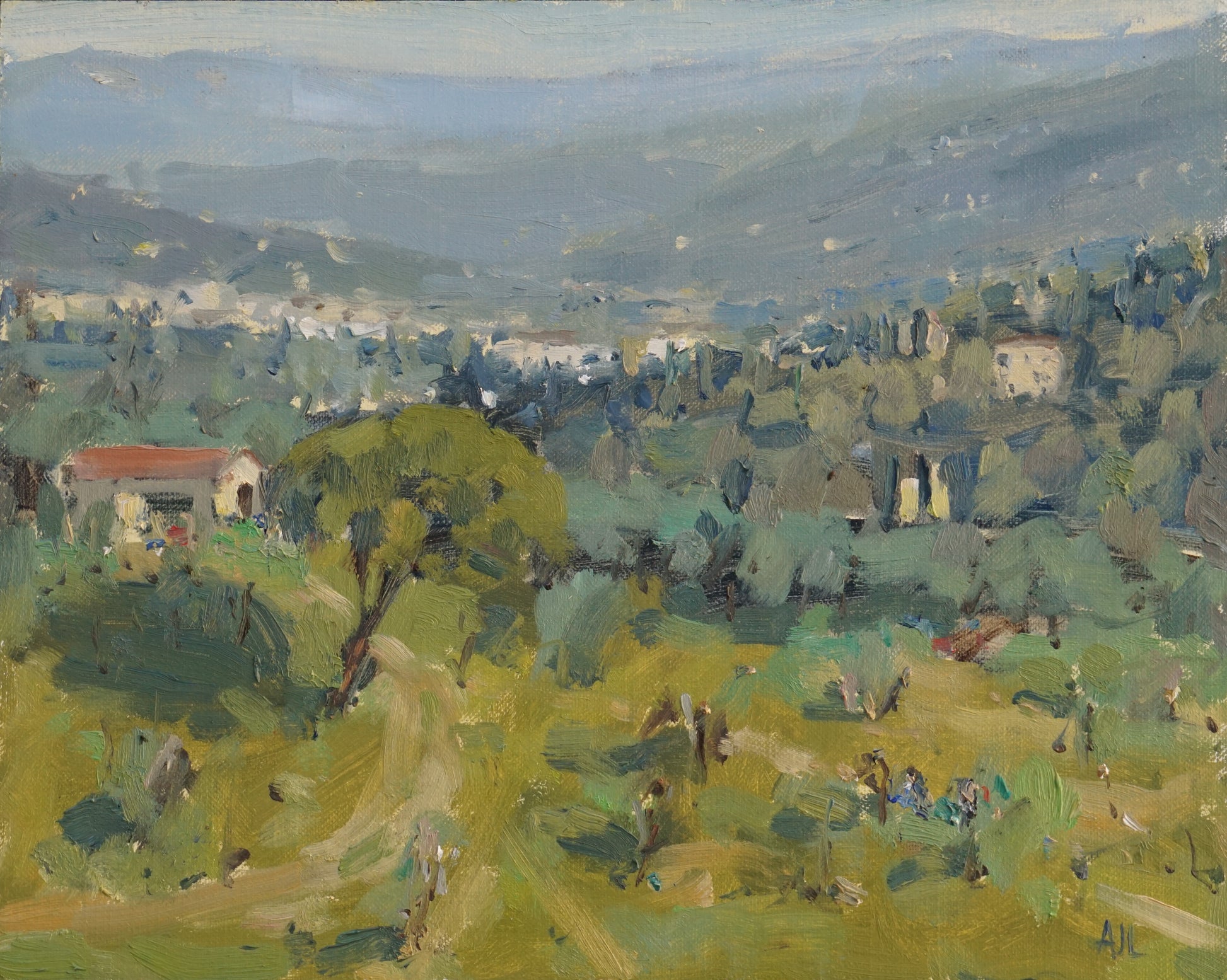 painting showing the countryside around florence with bright green grass and olive trees in the foreground and mountains in the distance
