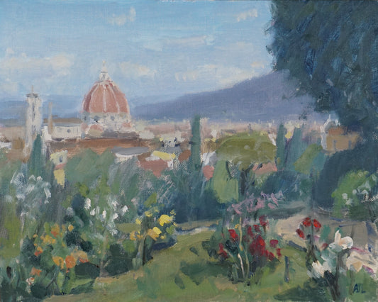 oil painting depicting the rose garden in Florence, with red, yellow and white roses in the foreground the the Duomo in the distance.