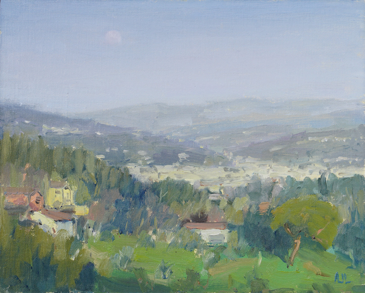 Painting depicting the Tuscany countryside near Florence, with the moon starting to rise above the distant hills.