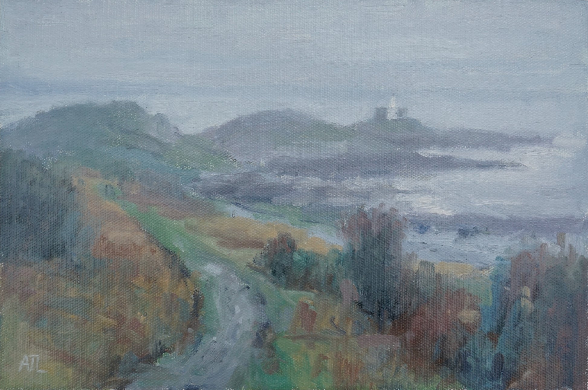 original oil painting of mumbles lighthouse showing the area just after a rain storm