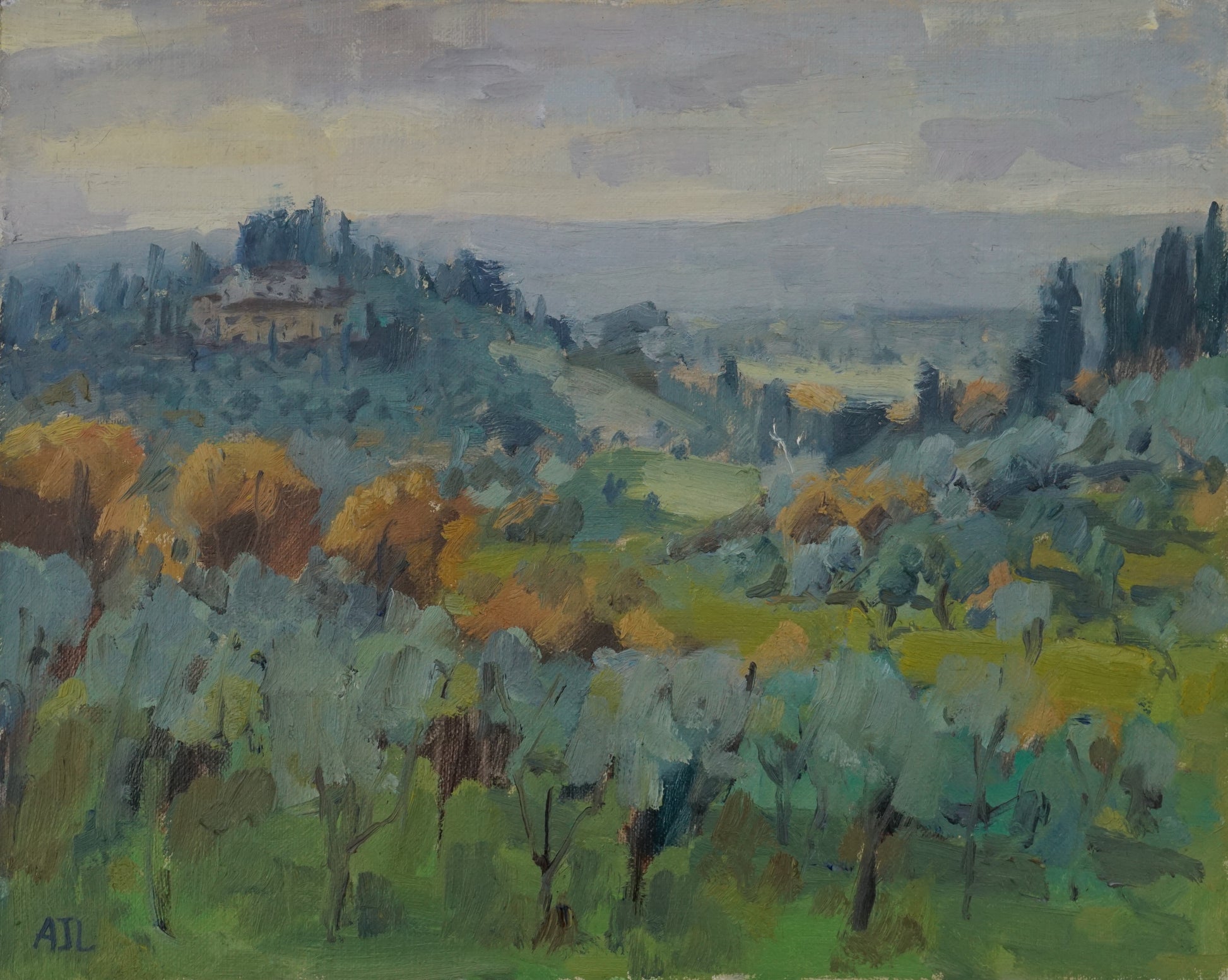 Painting depicting a field of olive trees in tuscany, bathed in a soft afternoon light