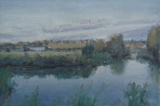 Painting depicting the River Windrush near Witney at dusk. The river is show in the foreground and farmland and clouds in the distance.