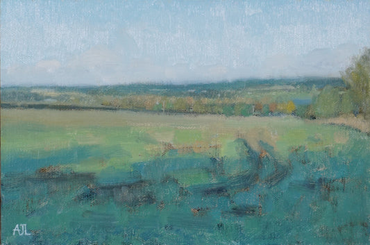 Oil painting depicting the Windrush Valley near Witney. The scene shows fields in the foreground and autumn trees in the distance.