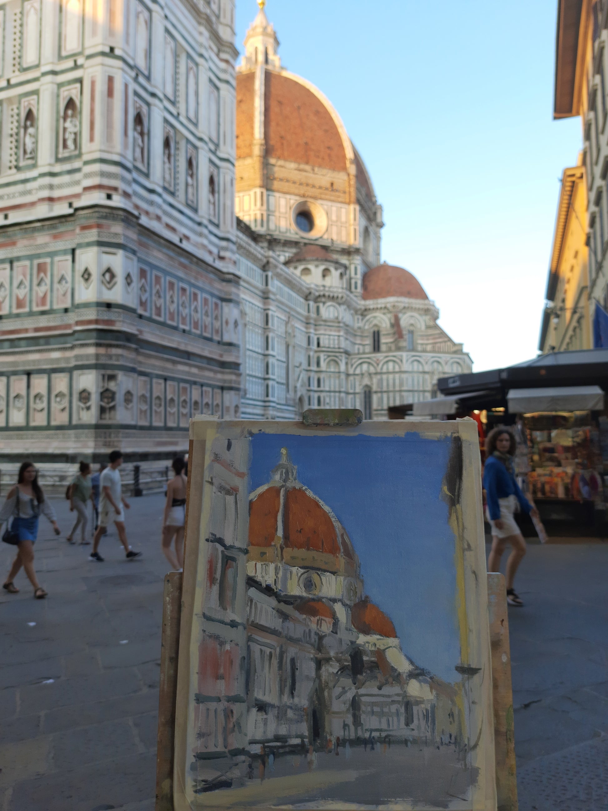 Image of the painting being worked on plein air in front of the cathedral in Florence